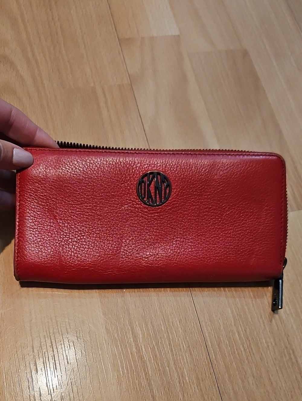 Donna Karan Red Zip-Around Leather Wallet with Round DKNY Emblem